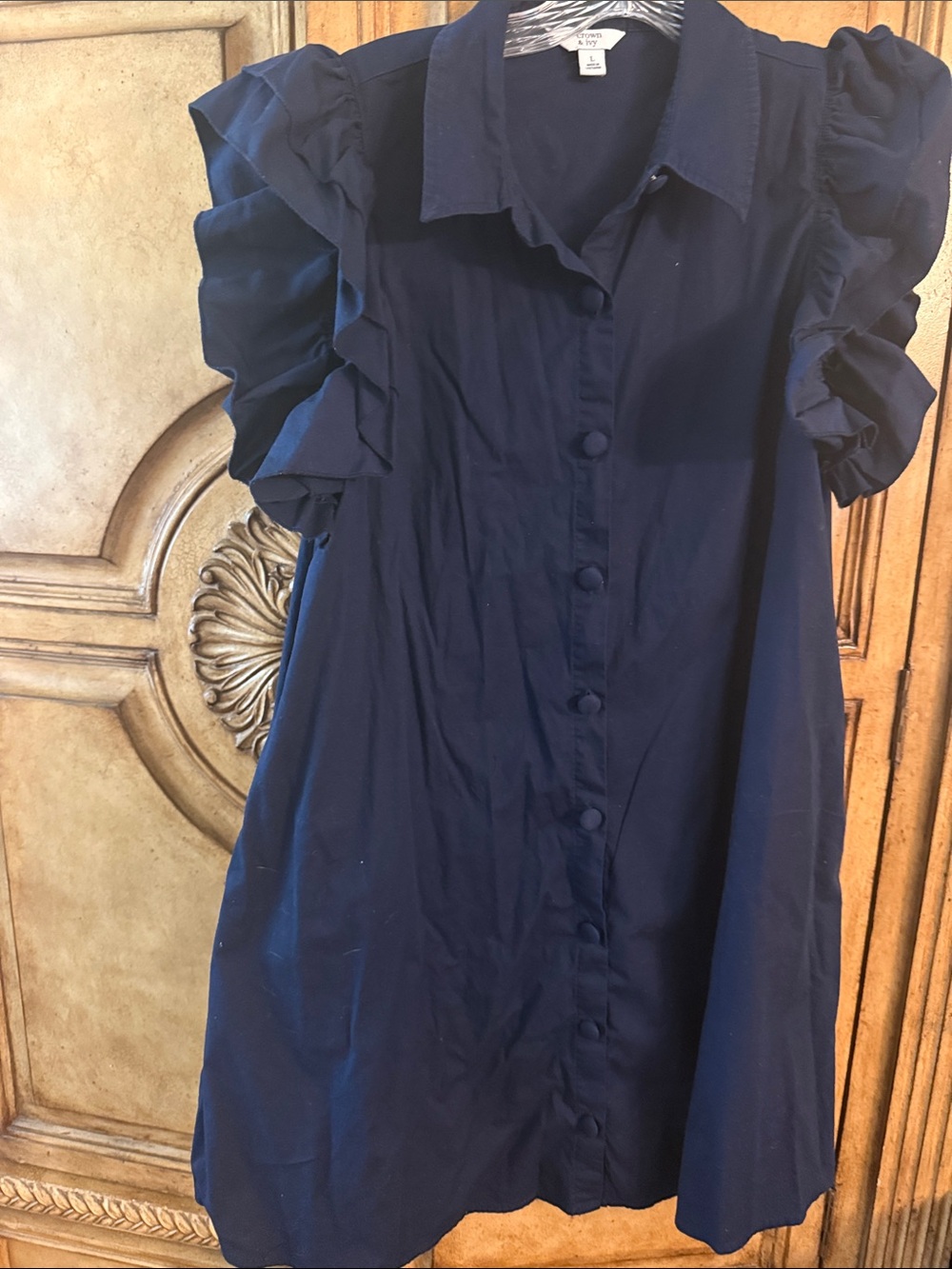 Navy Button-Front Collared Dress with Covered Buttons